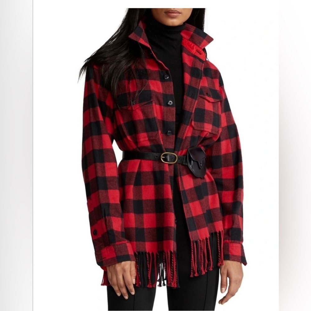 Polo Ralph Lauren Women's Red Fringe-trim Plaid Shirt Size XS